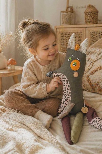 Kézműves textil róka puha, ölelhető kivitelben. Egyedi design, mosható anyag, tökéletes szerepjátékhoz és ajándéknak kisgyermekek számára.